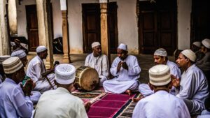 Sufi gathering in Stone Town courtyard under lanterns